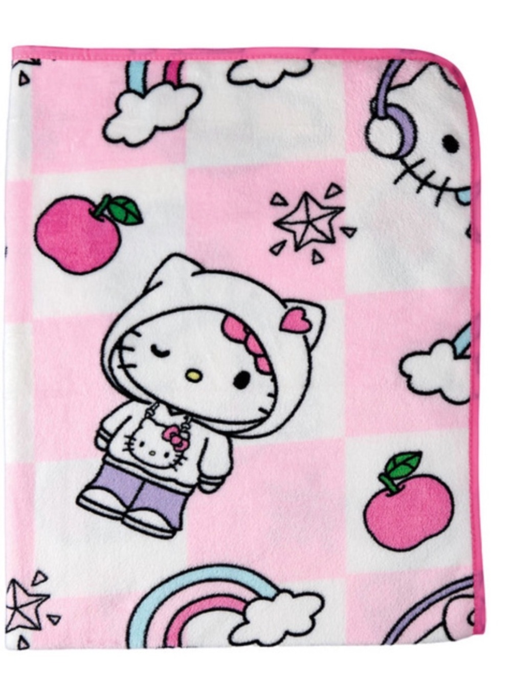 Hello Kitty Pink White Check Plush Throw Travel Blanket